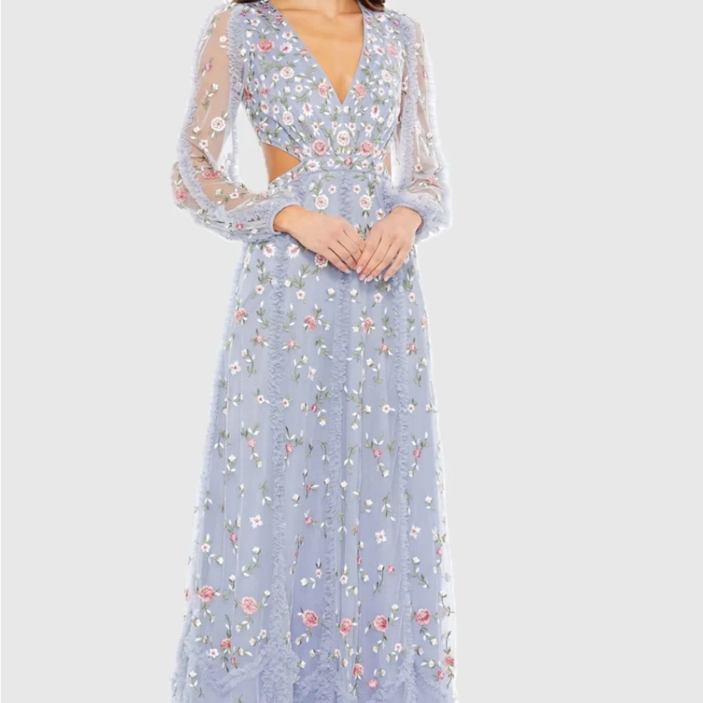 Mac Duggal Purple Long Sleeve Embellished Cut Out A-Line Gown